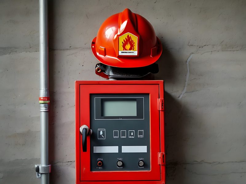painel-de-controlo-alarme-de-incendio-e-capacete-capacete-de-seguranca-contra-incendio-vermelho-e-painel-de-controlo-montados-numa-parede-cinzenta