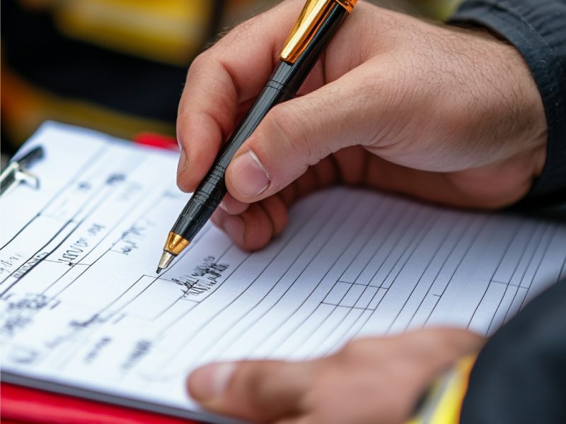 um-close-up-de-um-relatorio-de-inspecao-de-seguranca-contra-incendios-sendo-preenchido-por-um-inspetor